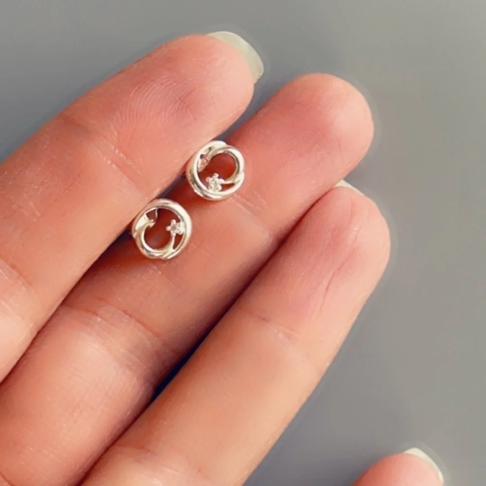 Sterling Silver Crescent Moon Tiny Stud Earrings with CZ 8mm